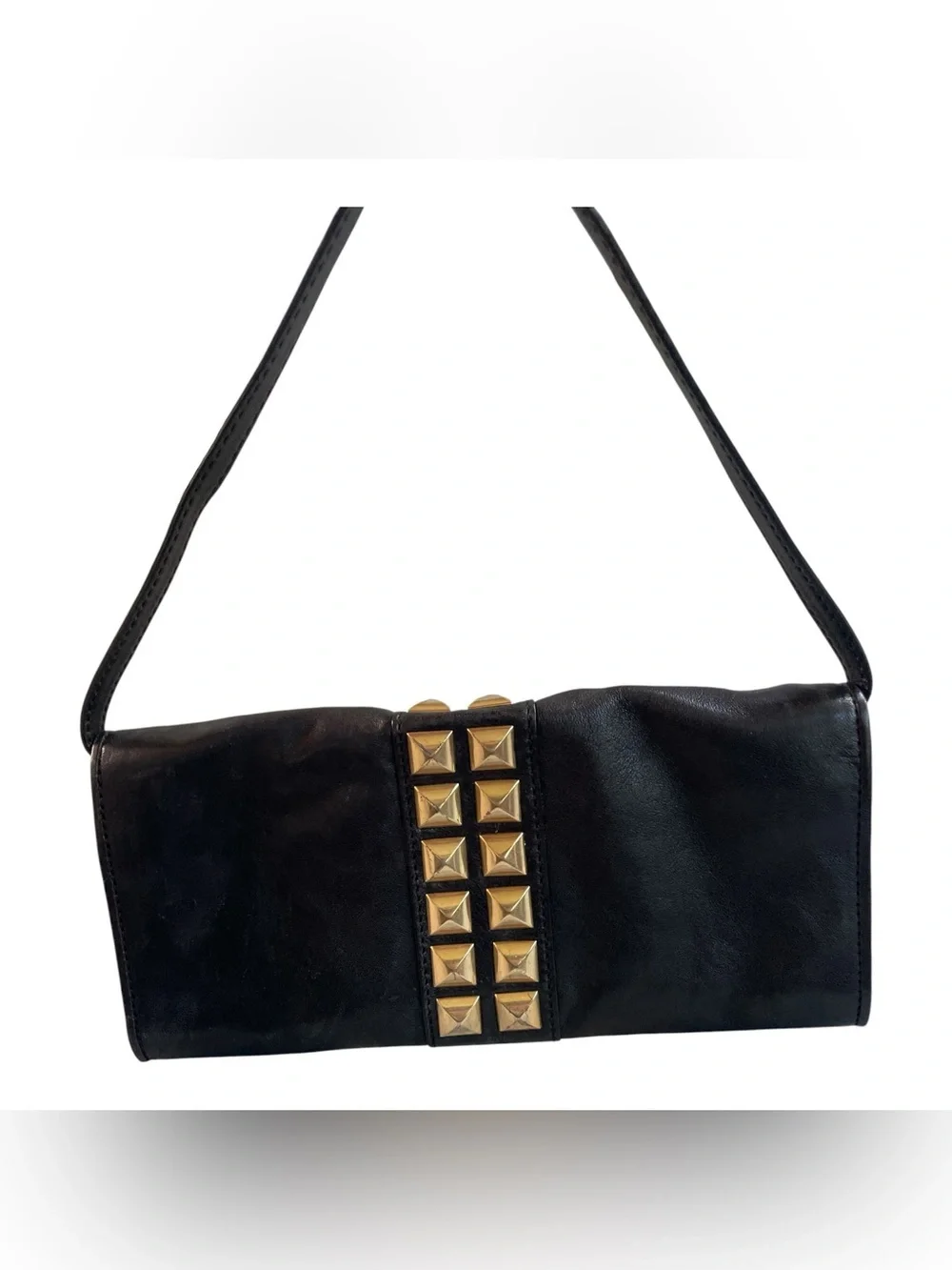 Michael Kors Calista Studded Leather Clutch Shoulder Bag Black Gold